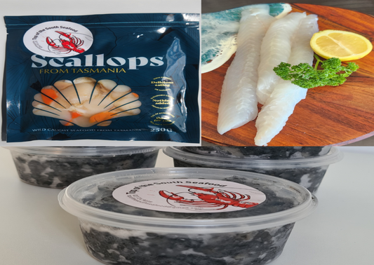 Collage of scallop packaging and raw scallops on a cutting board with lemon and parsley.